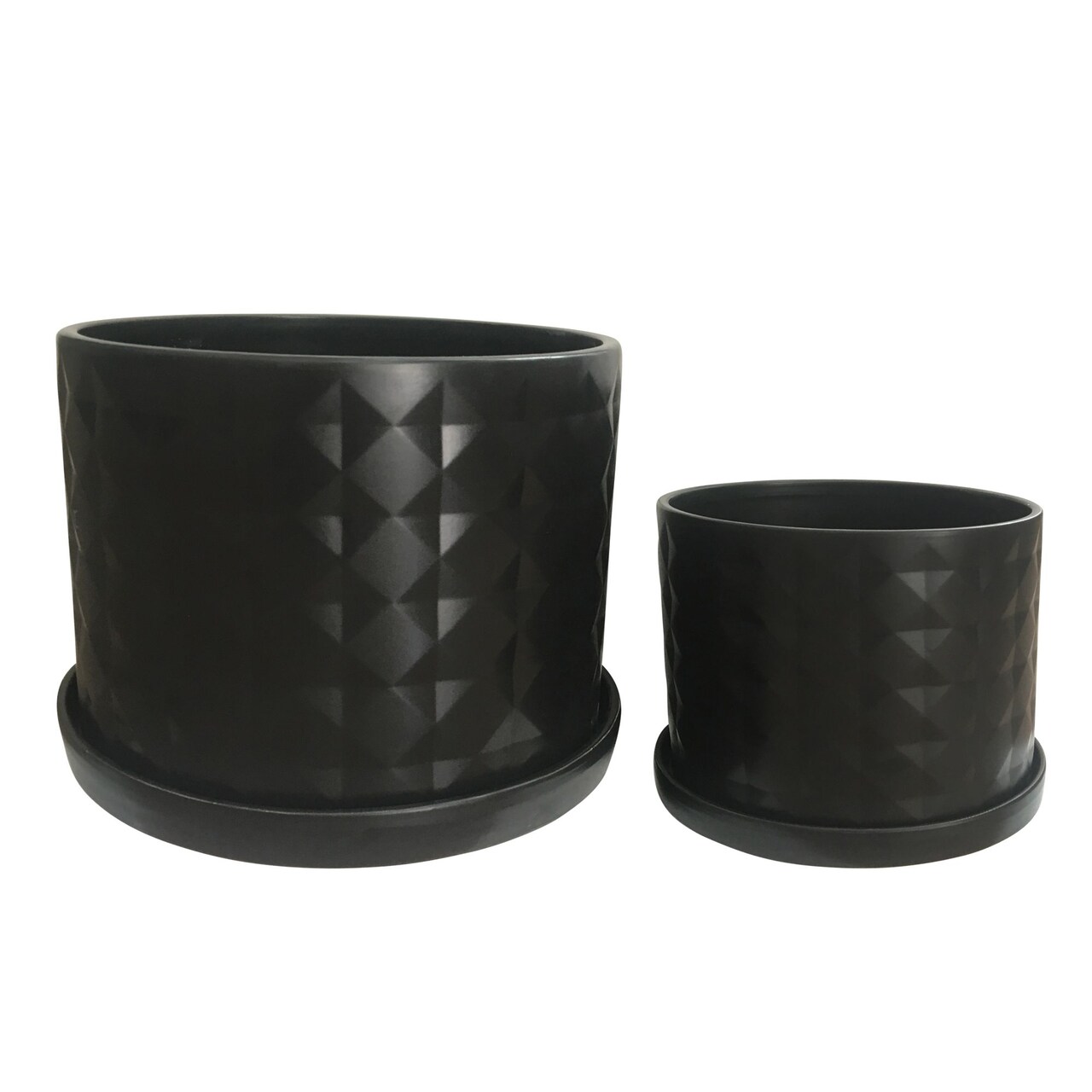 Kingston Living Ceramic Outdoor Diamond Planters with Saucers - 12" - Black - Set of 2